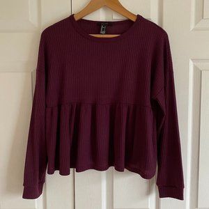 Forever 21 Maroon Waffle Knit Babydoll Long Sleeve Shirt - Size Small